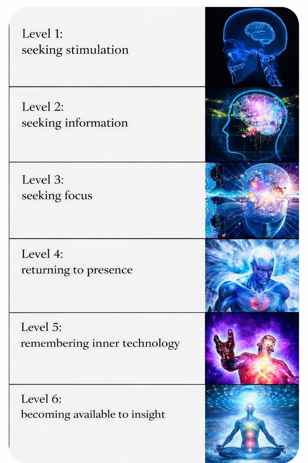 Levels of attention from seeking stimulation to becoming available to insight