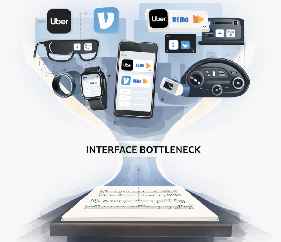Diagram showing the interface bottleneck where every service must build for every device
