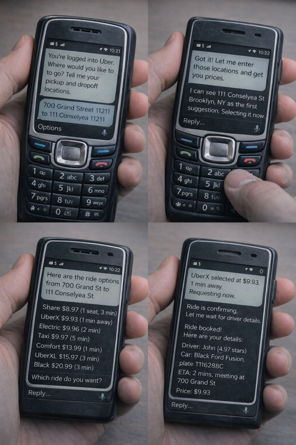 txtinsted running on dumbphones showing Uber booking flow
